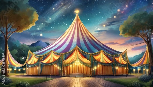Circus tent with illuminations lights at night. Cirque facade. Festive attraction for the festival and carnival 