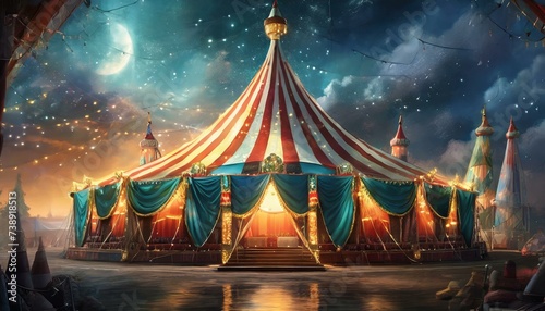 Circus tent with illuminations lights at night. Cirque facade. Festive attraction for the festival and carnival 