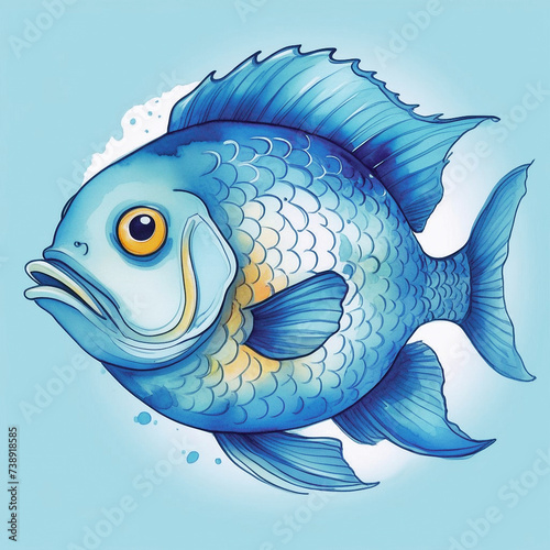 Portrait of blue fish  on blue watercolor background.