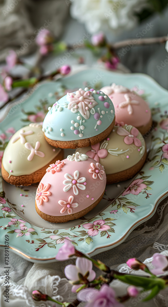 Pastel colored egg shaped cookies on a floral plate.