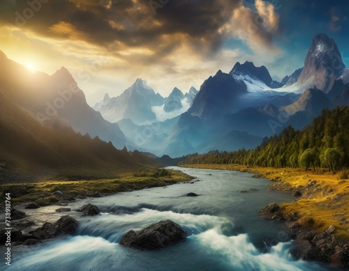 river with mountains in the morning