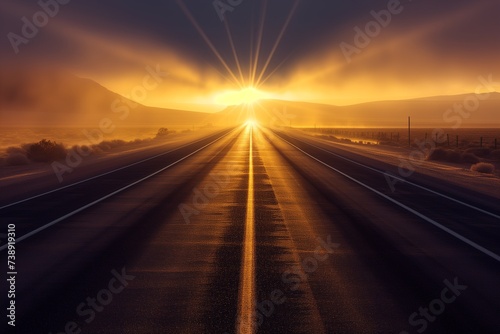 A straight highway in a desert setting, heading towards a sunrise with rays of light piercing through a thin veil of morning mist. 