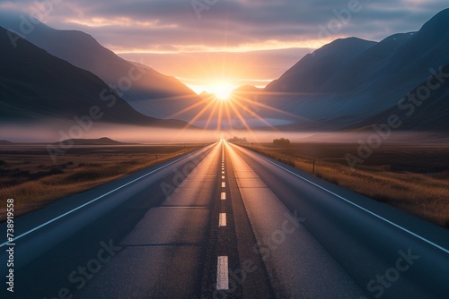 A straight highway leading towards a breathtaking sunrise peering over majestic mountains, with early morning mist hovering above the road. The lighting is serene, capturing the sunrise's warm glow.