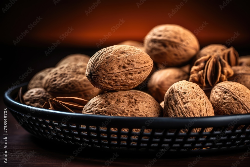 Nutmeg in Black Plate, Myristica Fragrans Fruit, Dry Spicy Nutmeg, Grated Whole Muscat Nut, Nut Meg Nutmeg in Black Plate, Myristica Fragrans Fruit, Dry Spicy Nutmeg, Grated Whole Muscat Nut, Nut Meg