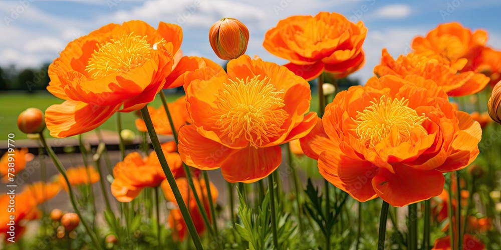 Fototapeta premium Orange Globe Flowers or Trollius Europaeus on Natural Background, Orange Globe Flowers Field