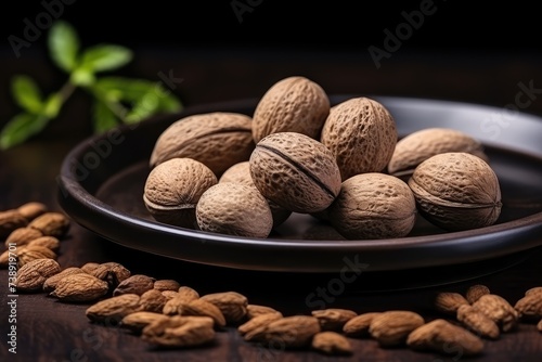 Nutmeg in Black Plate, Myristica Fragrans Fruit, Dry Spicy Nutmeg, Grated Whole Muscat Nut, Nut Meg