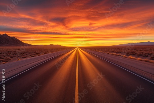 A straight highway slicing through a vast desert, leading towards a magnificent sunrise with vibrant hues of orange and red reflecting on the sandy terrain. The early morning light is crisp © SardarMuhammad