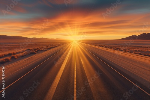 A straight highway slicing through a vast desert  leading towards a magnificent sunrise with vibrant hues of orange and red reflecting on the sandy terrain. The early morning light is crisp