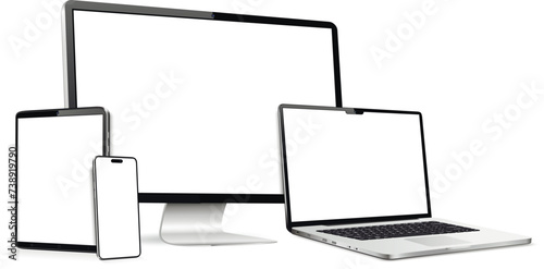 Realistic monitor computer, laptop, tablet, smartphone. Modern digital devices. photo