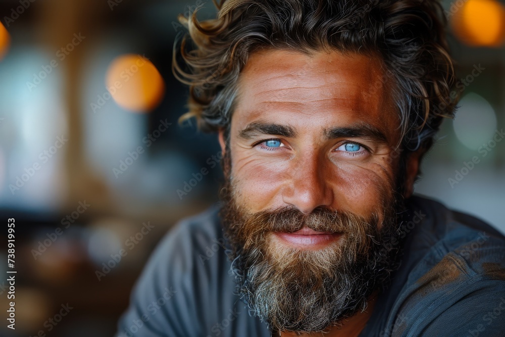 A rugged man with piercing blue eyes and a well-groomed beard stands confidently outdoors, his facial hair framing a weathered face full of character and wisdom