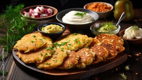 Potato Pancakes, Draniki, Deruny, Potato Latkes, Latkas, Raggmunk or Boxties on Dark Wood Rustic