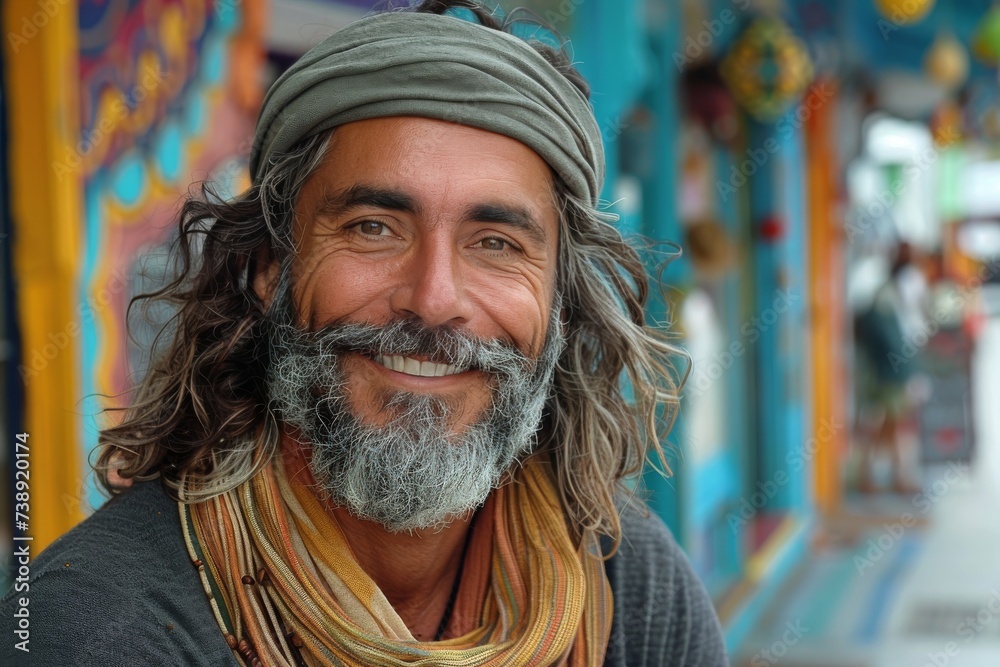 A stylish man with a weathered face and a full beard, wearing a turban and scarf, smiles confidently on a bustling street