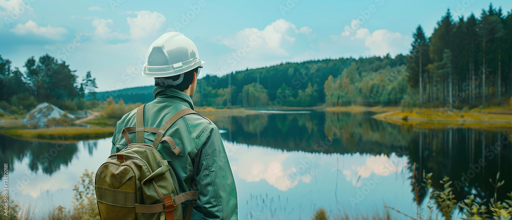 Obraz premium an ecologist in a white helmet and green uniform stands against the backdrop of a lake and forest