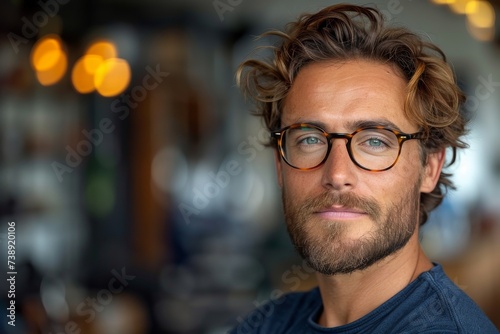 A bespectacled and bearded man gazes confidently at the viewer, his sharp chin and defined forehead framed by his moustache and eyebrows, his stylish shirt and eyewear a reflection of his impeccable 
