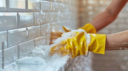 Hands scrubbing grout between tiles in a bathroom or kitchen, house cleaning