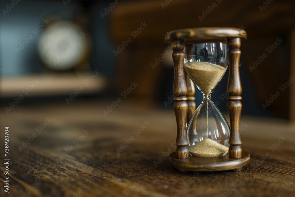 Close-up of a sand clock on a wooden desk, golden sands trickling down, symbolizing the passage of time