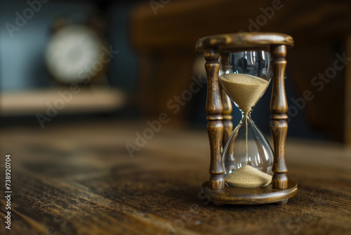 Close-up of a sand clock on a wooden desk, golden sands trickling down, symbolizing the passage of time