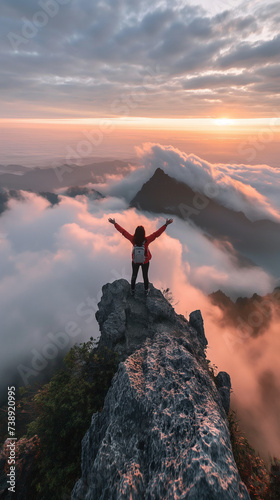 Excited traveler with open arms at the top of a mountain, breathtaking view at sunrise, embodying achievement and awe