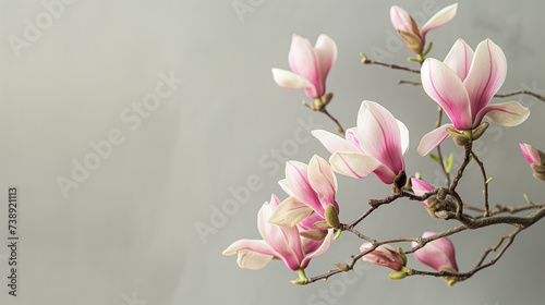 A branch of a magnolia tree with pink flowers on a light gray background. Space for text, Generative AI