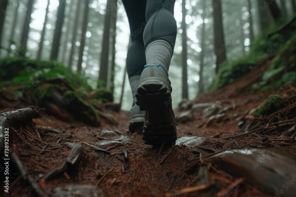 Male hiker in mountain, Back view of traveler boots walking in forest, Adventures in nature, active recreation. Male hiker in mountain, Back view of traveler boots walking in forest, Adventures in nature, active recreation.