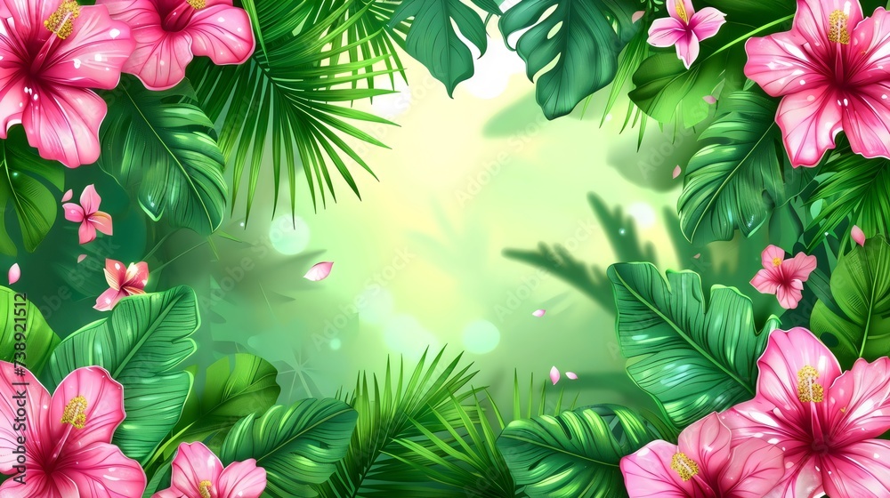 Tropical Hibiscus and Palm Leaves Background Tropical Hibiscus and Palm Leaves Background