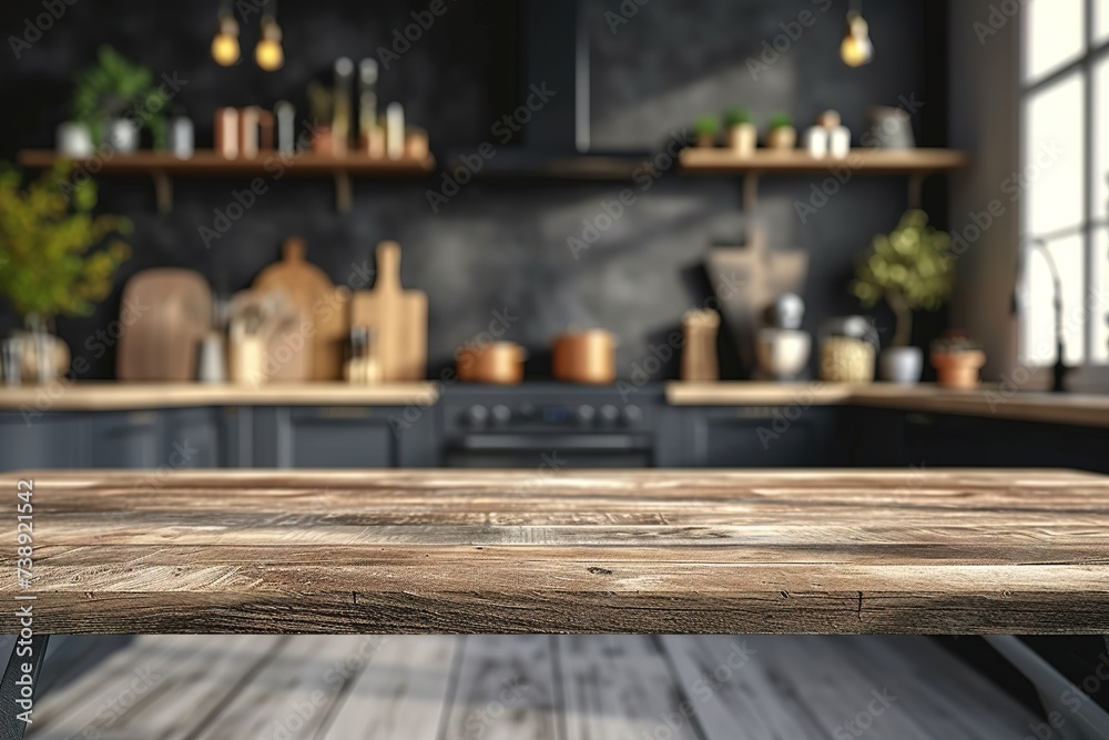 Empty mockup space on modern kitchen tabletop over blurred minimal Scandinavian kitchen