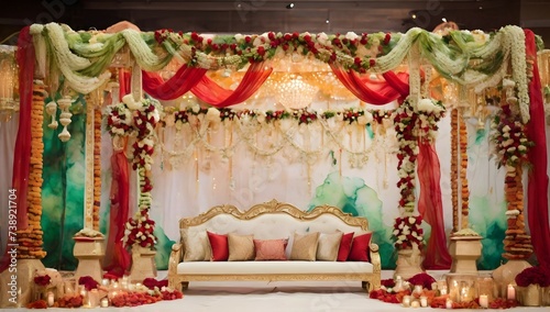 Water colour, wedding background, gold, red, green, white, garlands, lights