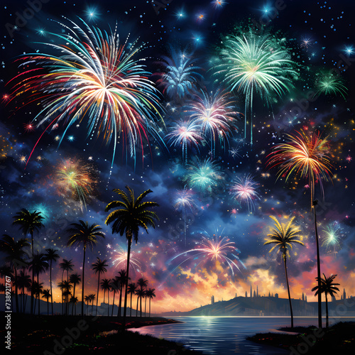 Symphony of Lights: A Dazzling Display of Fireworks in the Night Sky Celebrating Festive Occasions © Lora