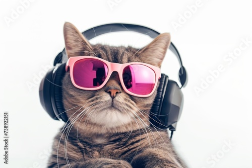 Grey cat in pink sunglasses and black headphones
