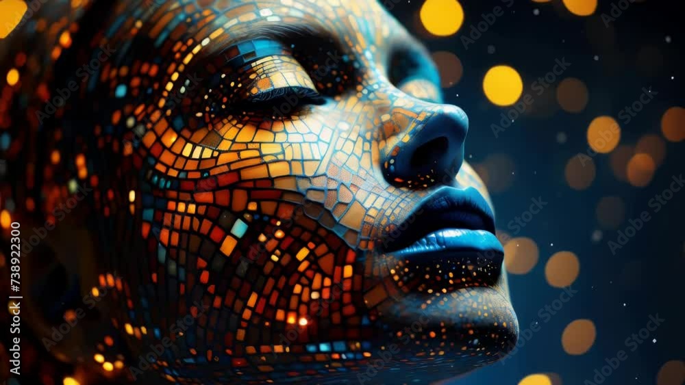 Close up of woman's face with bright lights in background