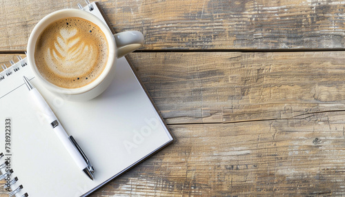 Top view of coffee cup and clear notepad with white pen on the office desk. Copy space image. Place for adding text