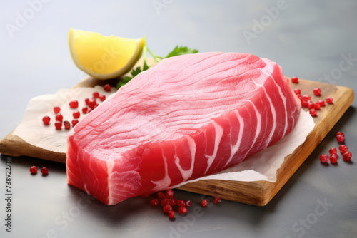 Raw tuna steak, Red sea fish fillet, fresh tuna filet, seafood sashimi, bluefin piece, akami, ahi loin photo