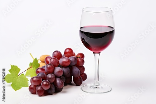 Red Wine Glass and Grapes Bunch Isolated  Red Wine on White Background  Grapevine