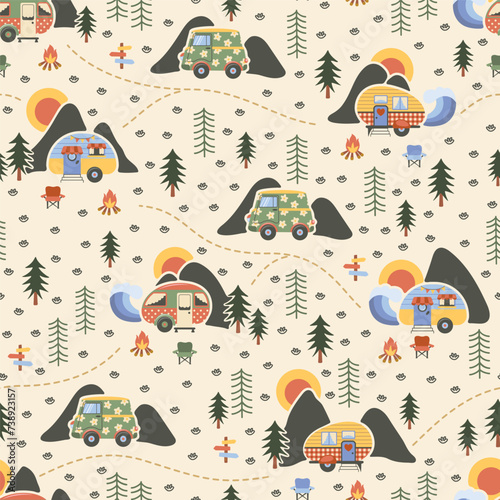 Camping lifestyle seamless pattern. Campers, fire, mountains, sea, forest. Vector illustration.