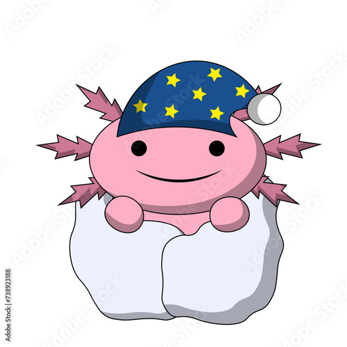 Cute cartoon sleep Axolotl with blanket in color