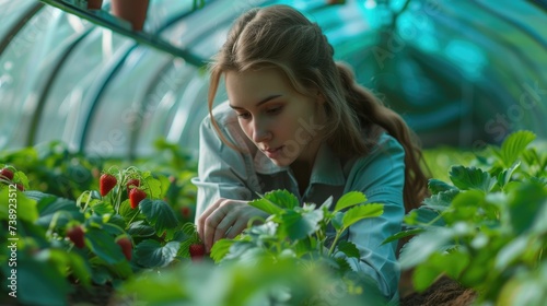 Intimate Moment with Nature's Strawberry Bounty - An intimate moment is shared as a young gardener admires the bounty of nature, focusing on ripe strawberries ready for the picking in a lush garden.
