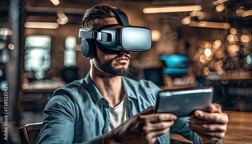 person with VR glasses, portrait of a person with VR glass, person playing game with VR glass, person doing work with VR glass