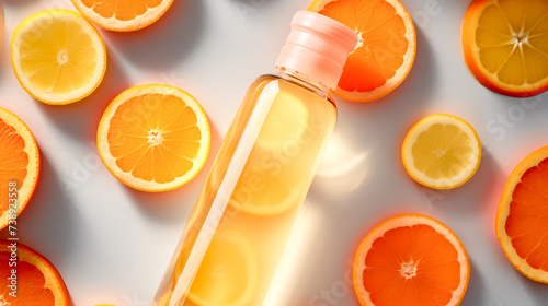 Transparent bottle with facial care product set against a background of vibrant oranges rich in vitamin C, emphasizing freshness and skincare benefits.