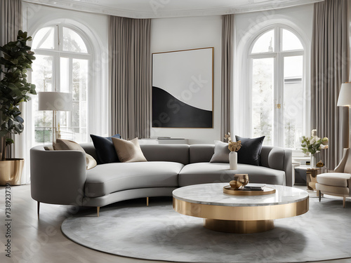 Luxurious neutrals and architectural details showcase a statement spherical gold and wood coffee table