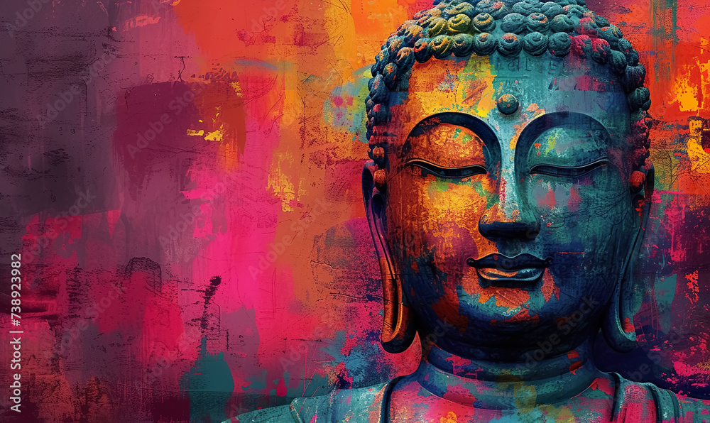 Fototapeta premium colorful vivid golden buddha face, buddhism religion concept, closeup multicolored portrait of buddha with closed eyes