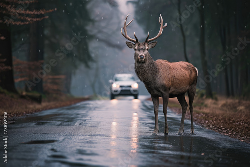 Unexpected Encounter: Deer on a Wet Forest Road
