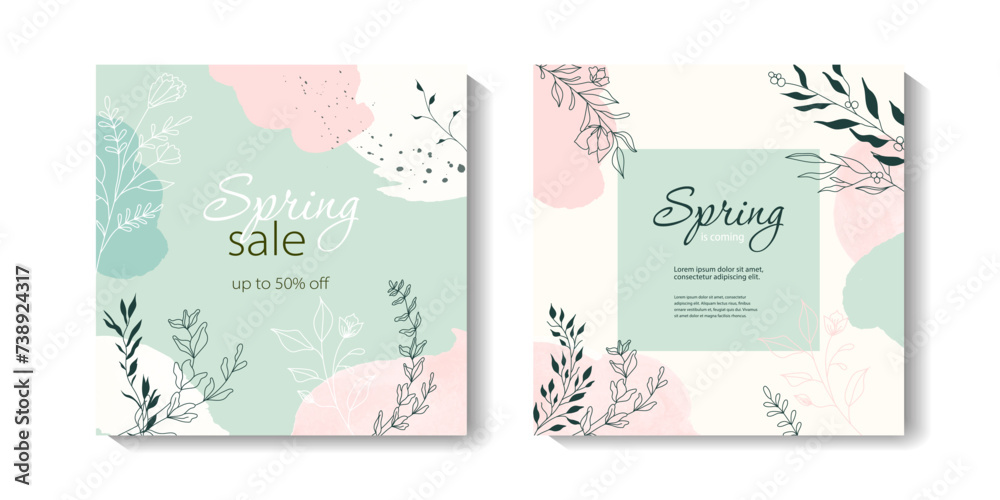 Spring square backgrounds with floral elements, leaves. Editable vector template for greeting card, poster, banner, invitation, social media post. Hello spring. Spring sale