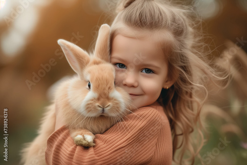 cute little girl holds and hugs fluffy rabbit in arms outdoor. domestic animals. Easter bunny © zamuruev