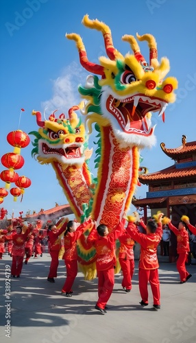 Two colorful Chinese dragon dance performances against blue sky background during Chinese New Year celebrate festival
