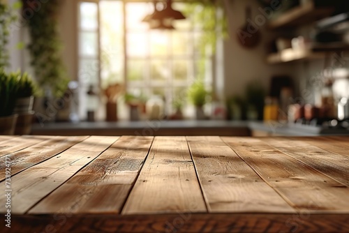 Kitchen table top and blur background of cooking zone interior