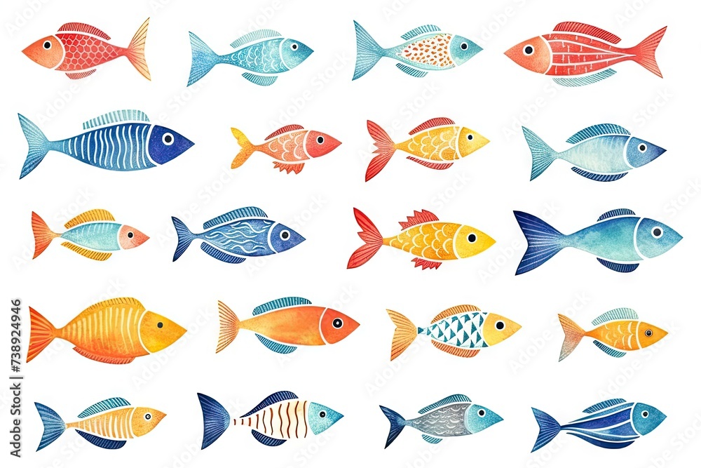 Fototapeta premium Watercolor Fishes Isolated, Sketched Fish Flock, Doodle Fish Set on White Background