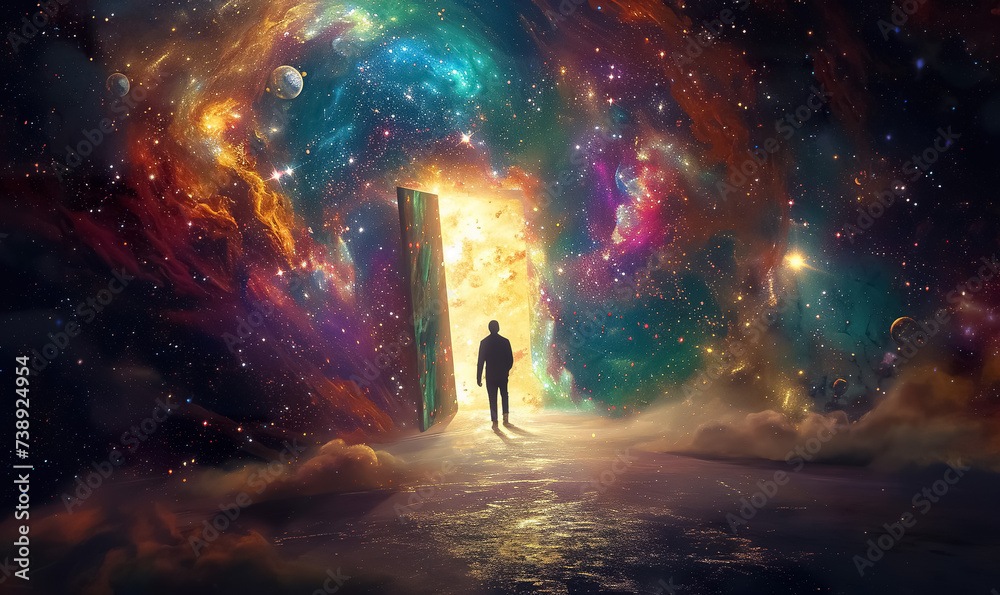 man walking into fantastic world through open door, new beginnings and new life, gate to heaven, afterlife and paradise concept - obrazy, fototapety, plakaty 