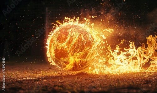 On the football pitch, a fiery soccer ball epitomizes the heated competition in sports betting arenas photo