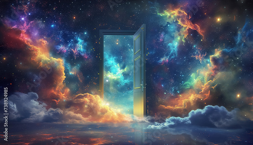 open door with light at the end, new life and opportunity concept, changes and right decision, gate to fantastic world  with stars and nebulas photo