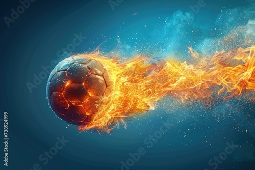 Vibrant flaming soccer ball contrasts with blue, embodying heated tournament clashes and substantial bets